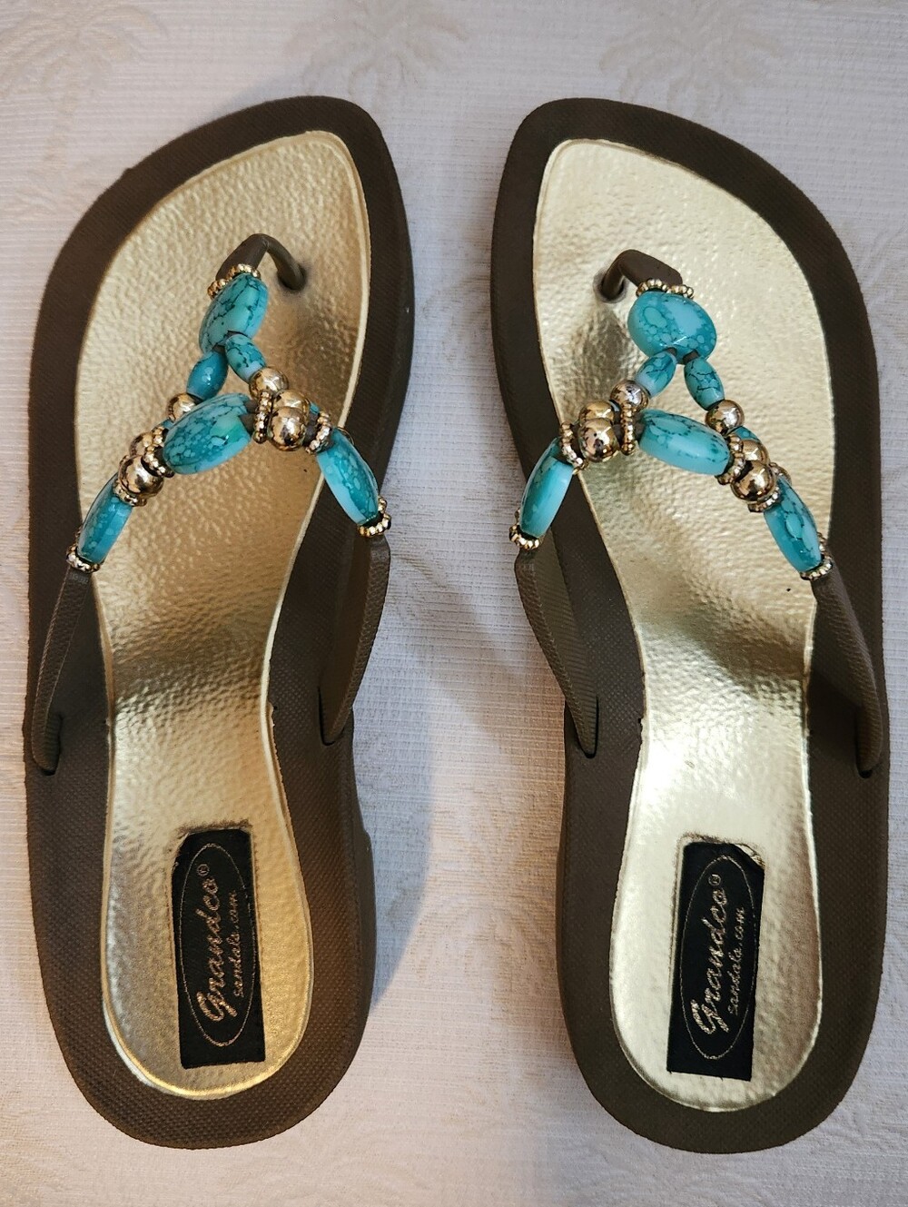 Grandco Turquoise Beaded Brown Sandal Flip Flops